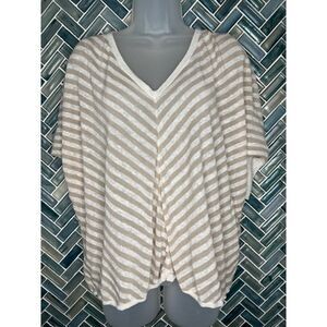 WOMENS‎ CHICOS SZ 0 BEIGE WHITE V STRIPED FLOWY AIRY LINEN BLEND BOXY TOP SMALL